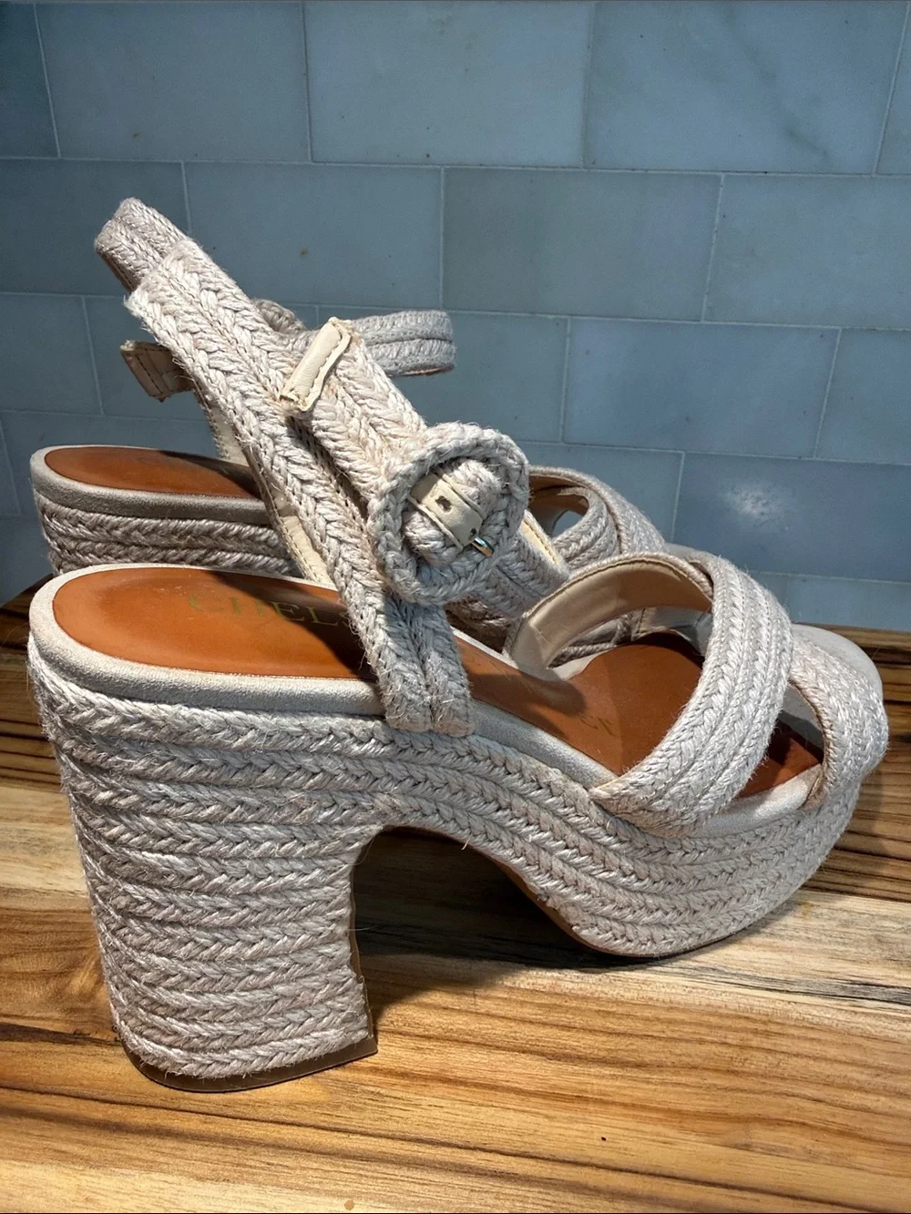 Chelsea & Violet Beige Braided Platform Sandals